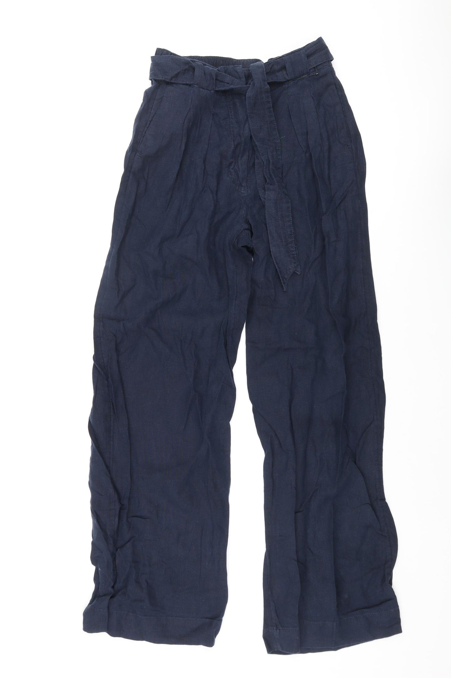 Marks and Spencer Womens Blue Linen Trousers Size 10 L30 in Regular Zip - Belted
