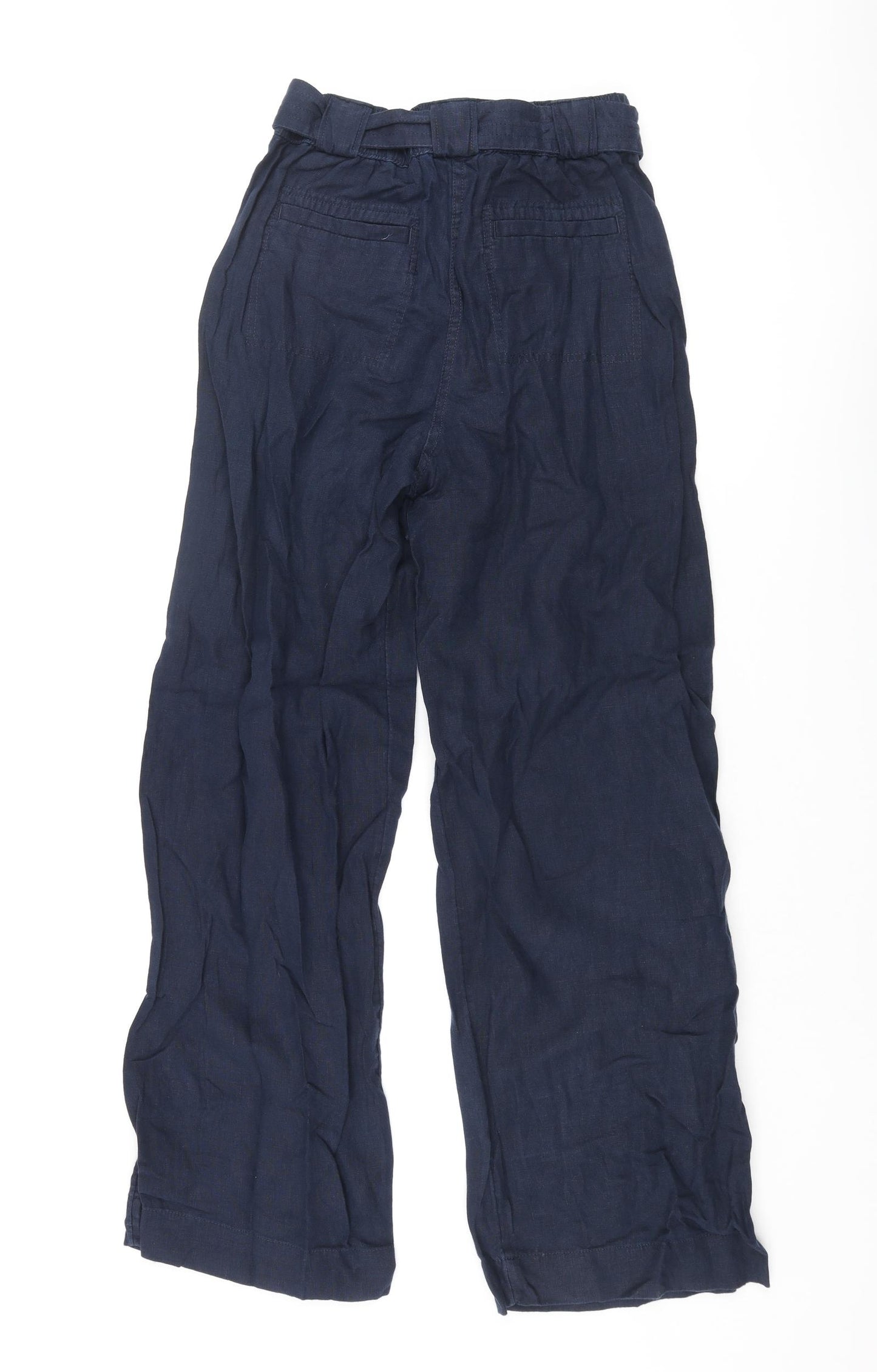Marks and Spencer Womens Blue Linen Trousers Size 10 L30 in Regular Zip - Belted