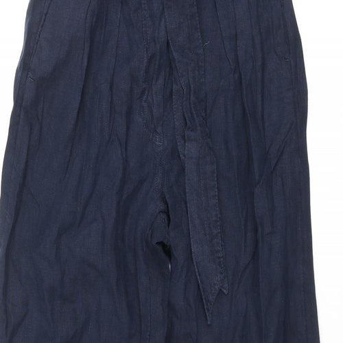 Marks and Spencer Womens Blue Linen Trousers Size 10 L30 in Regular Zip - Belted
