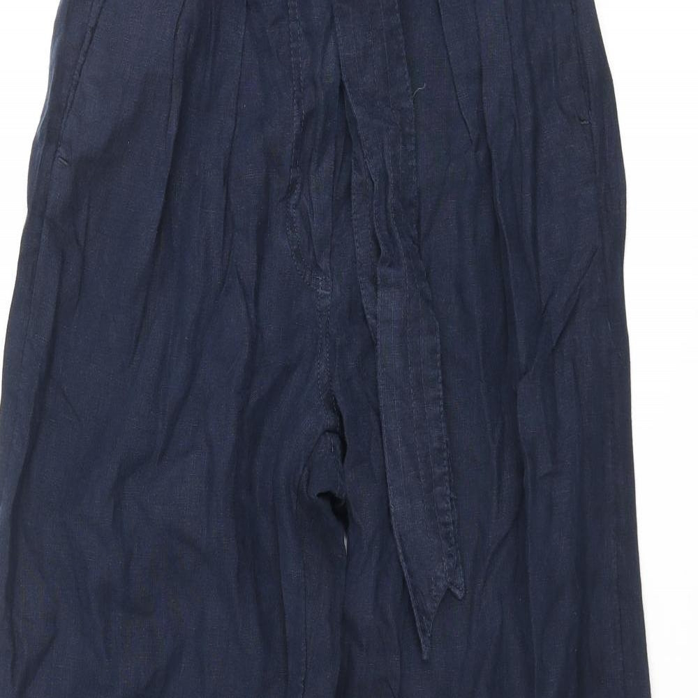 Marks and Spencer Womens Blue Linen Trousers Size 10 L30 in Regular Zip - Belted