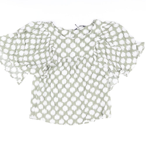 Marks and Spencer Womens Green Geometric Cotton Basic Blouse Size 6 Round Neck - Frill