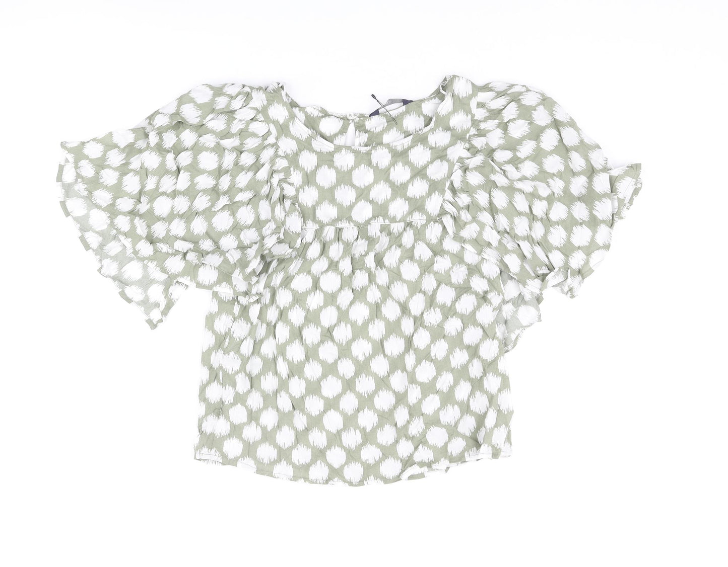 Marks and Spencer Womens Green Geometric Cotton Basic Blouse Size 6 Round Neck - Frill