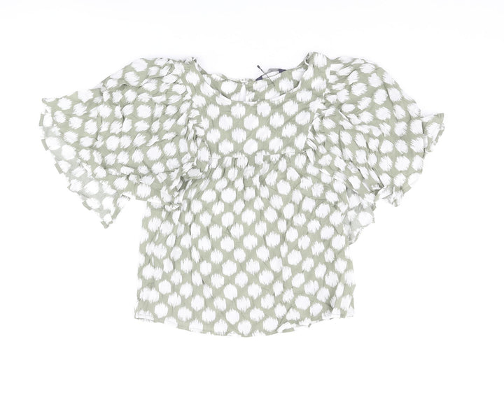 Marks and Spencer Womens Green Geometric Cotton Basic Blouse Size 6 Round Neck - Frill