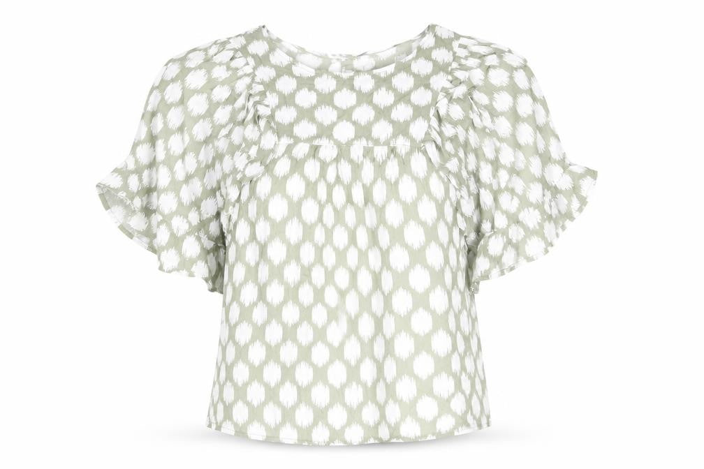 Front view of Marks & Spencer women’s green geometric cotton basic blouse, size UK 6, round neck - frill