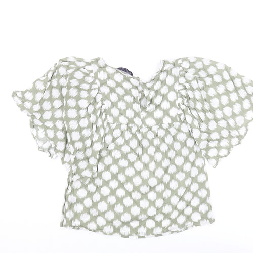Marks and Spencer Womens Green Geometric Cotton Basic Blouse Size 6 Round Neck - Frill