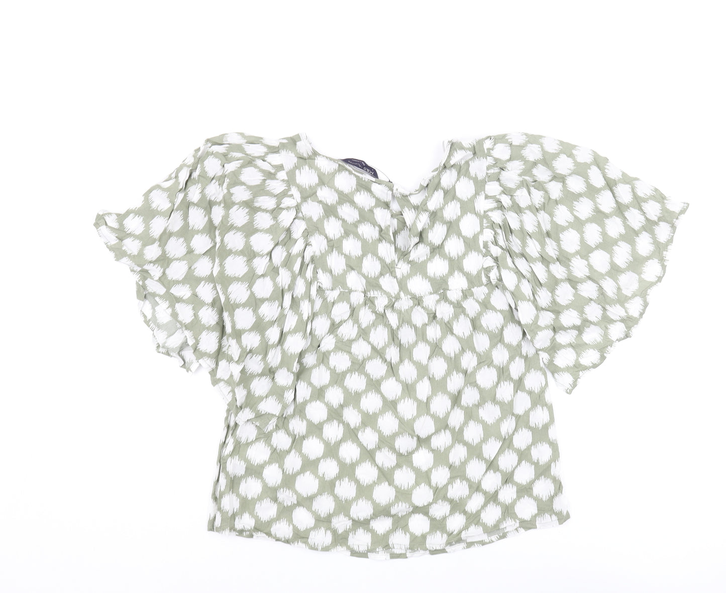Marks and Spencer Womens Green Geometric Cotton Basic Blouse Size 6 Round Neck - Frill