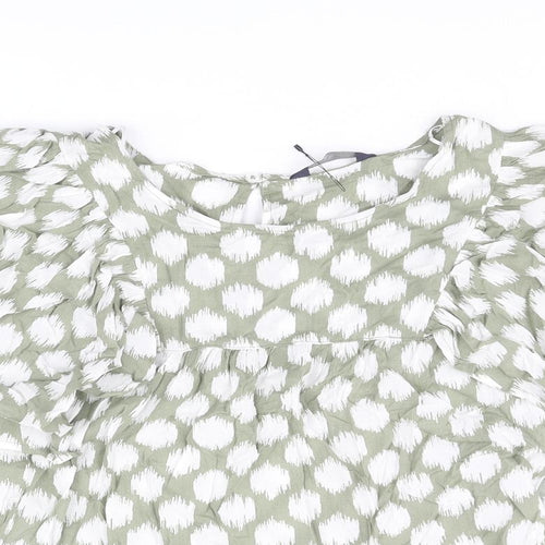 Marks and Spencer Womens Green Geometric Cotton Basic Blouse Size 6 Round Neck - Frill