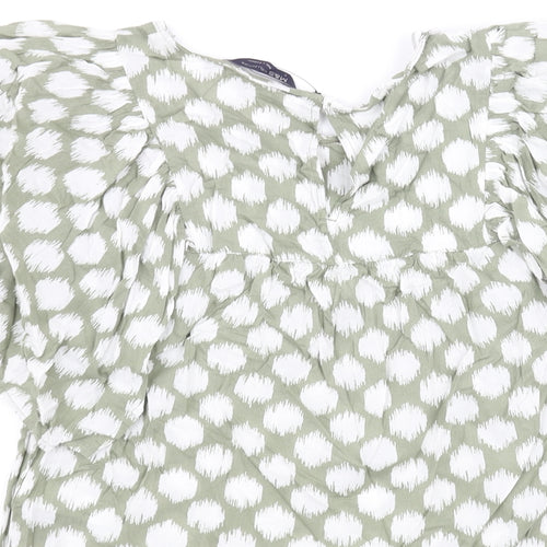 Marks and Spencer Womens Green Geometric Cotton Basic Blouse Size 6 Round Neck - Frill