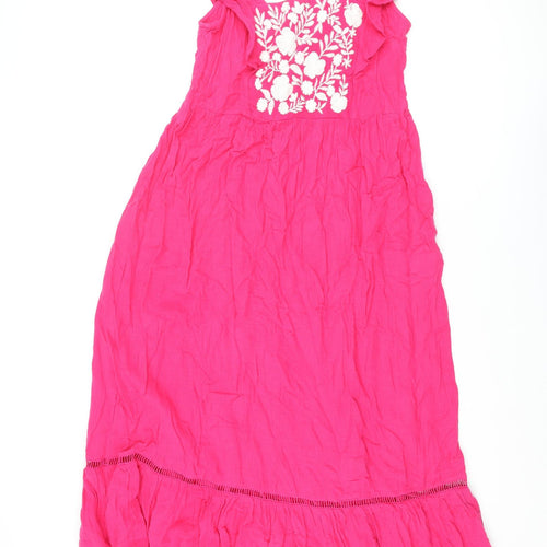 Marks and Womens Pink Cotton Shift Size 10 Scoop Neck Pullover - Floral Embroidery