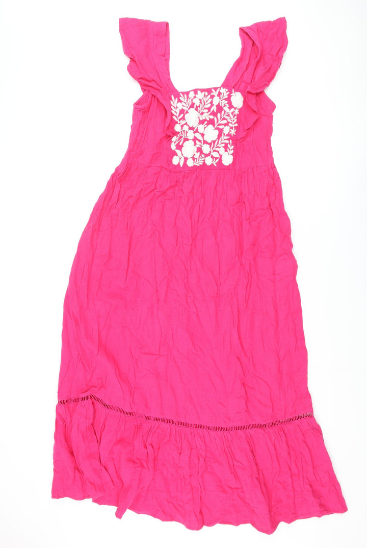 Marks and Womens Pink Cotton Shift Size 10 Scoop Neck Pullover - Floral Embroidery