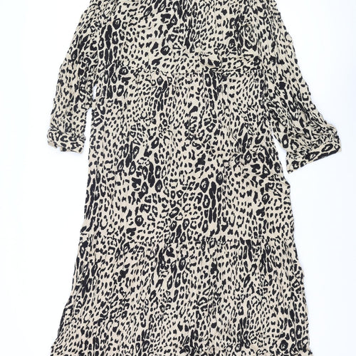 Marks and Spencer Womens Beige Animal Print Viscose Shift Size 12 Round Neck Button - Leopard Print