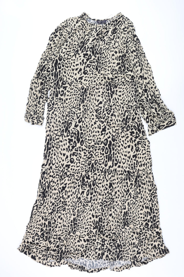 Marks and Spencer Womens Beige Animal Print Viscose Shift Size 12 Round Neck Button - Leopard Print