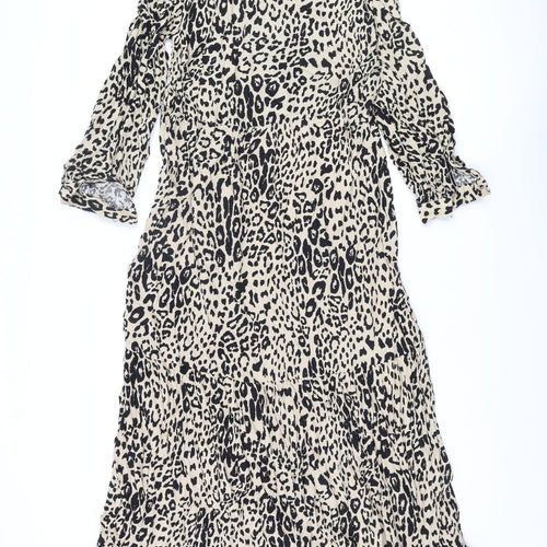 Marks and Spencer Womens Beige Animal Print Viscose Shift Size 12 Round Neck Button - Leopard Print