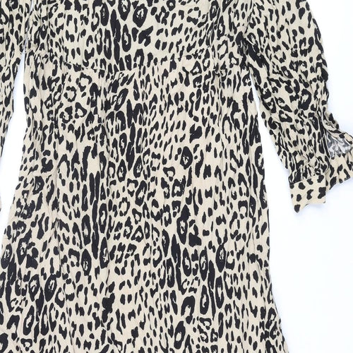 Marks and Spencer Womens Beige Animal Print Viscose Shift Size 12 Round Neck Button - Leopard Print