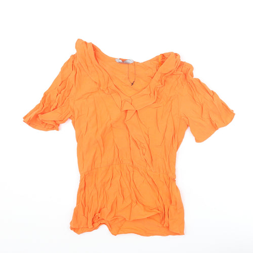 Marks and Spencer Womens Orange Viscose Basic Blouse Size 6 V-Neck - Frill