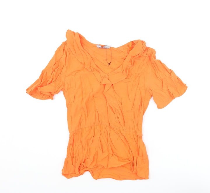 Marks and Spencer Womens Orange Viscose Basic Blouse Size 6 V-Neck - Frill