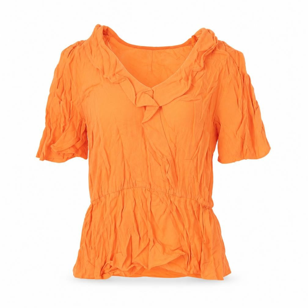Front view of Marks & Spencer women’s orange viscose basic blouse, size UK 6, v-neck - frill
