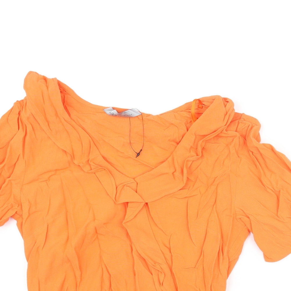 Marks and Spencer Womens Orange Viscose Basic Blouse Size 6 V-Neck - Frill
