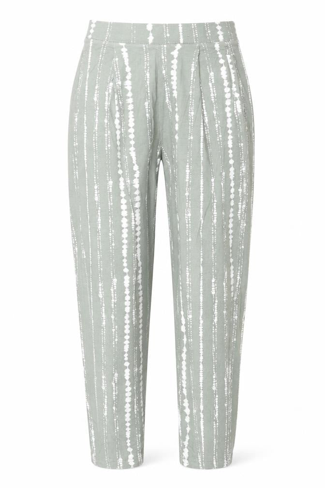 Front view of Marks & Spencer women’s green geometric viscose trousers, size UK 6, 26-inch leg regular