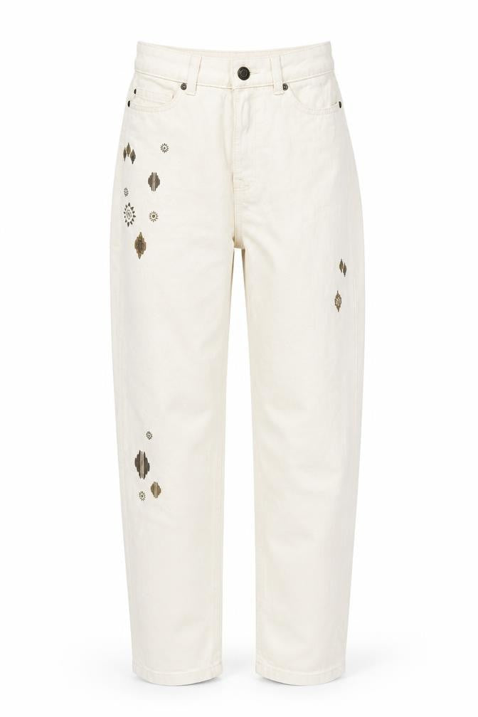 Mark Alexander Womens Beige Cotton Tapered Jeans Size 6 L27 in Regular Zip - Embroidered Detail