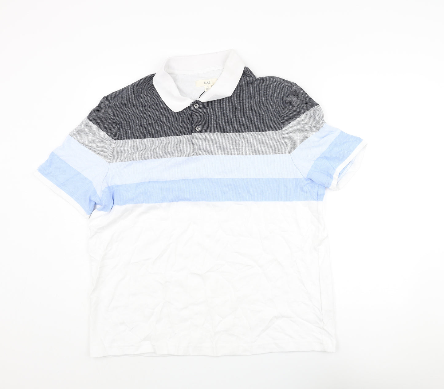 Marks and Spencer Mens White Colourblock Cotton Polo Size 2XL Collared Button