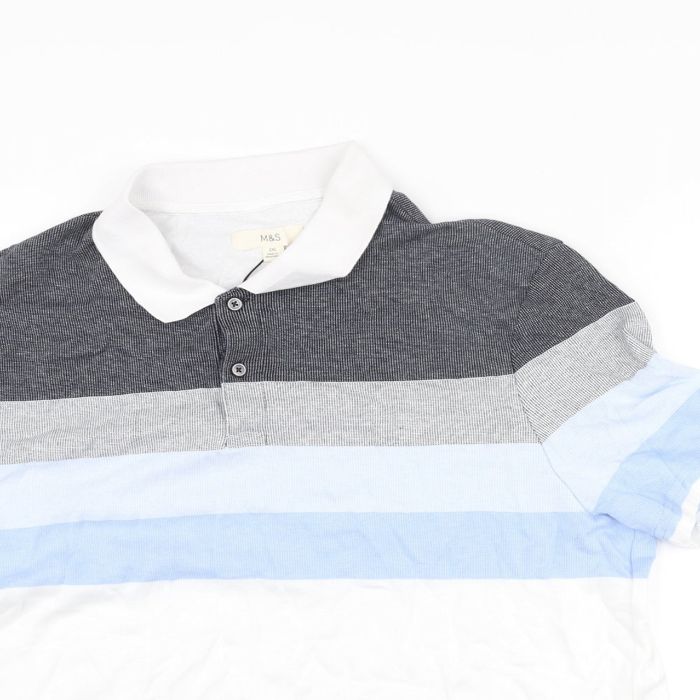 Marks and Spencer Mens White Colourblock Cotton Polo Size 2XL Collared Button