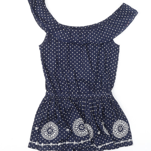 Debenhams Girls Blue Polka Dot Cotton Basic T-Shirt Size 7 Years Scoop Neck Pullover - Embroidery Detail, Sequins