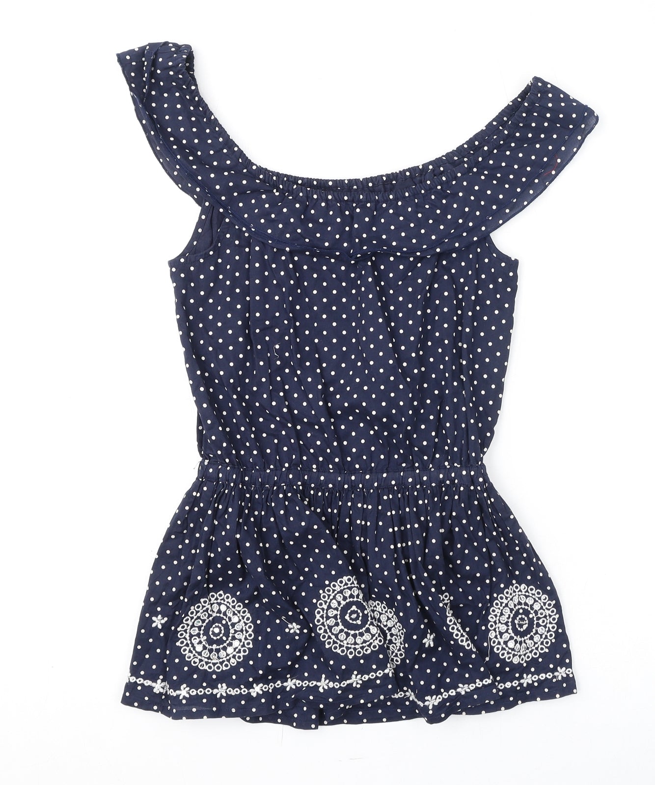 Debenhams Girls Blue Polka Dot Cotton Basic T-Shirt Size 7 Years Scoop Neck Pullover - Embroidery Detail, Sequins