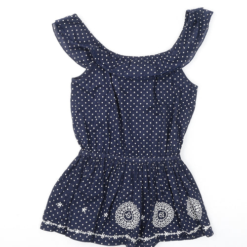 Debenhams Girls Blue Polka Dot Cotton Basic T-Shirt Size 7 Years Scoop Neck Pullover - Embroidery Detail, Sequins