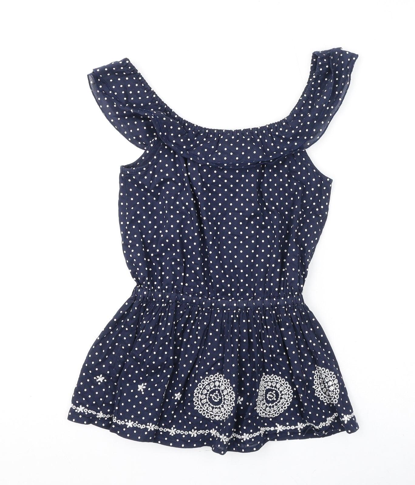 Debenhams Girls Blue Polka Dot Cotton Basic T-Shirt Size 7 Years Scoop Neck Pullover - Embroidery Detail, Sequins