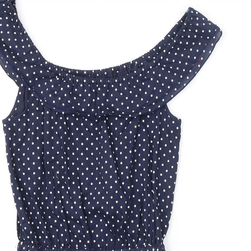 Debenhams Girls Blue Polka Dot Cotton Basic T-Shirt Size 7 Years Scoop Neck Pullover - Embroidery Detail, Sequins