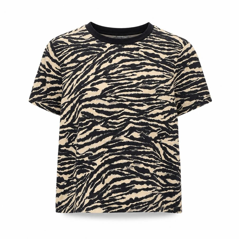 Divided by H&M Womens Black Animal Print 100% Cotton Cropped T-Shirt Size S Round Neck - Tiger Print