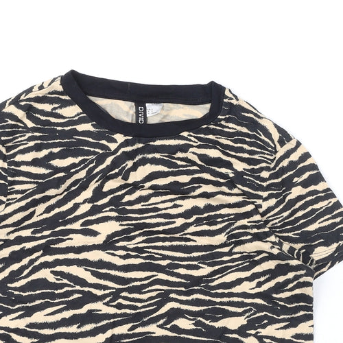 Divided by H&M Womens Black Animal Print 100% Cotton Cropped T-Shirt Size S Round Neck - Tiger Print