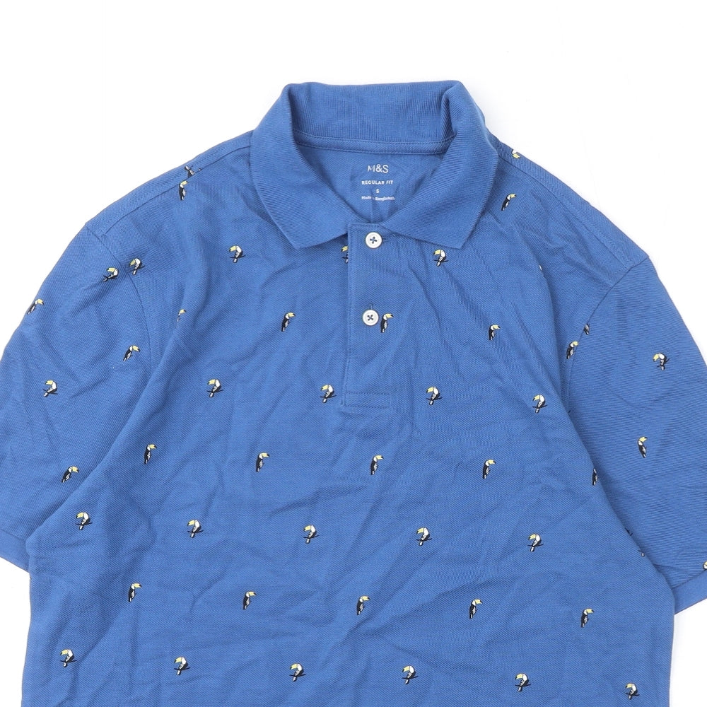 Marks and Spencer Mens Blue Geometric 100% Cotton Polo Size S Collared Button - Toucans