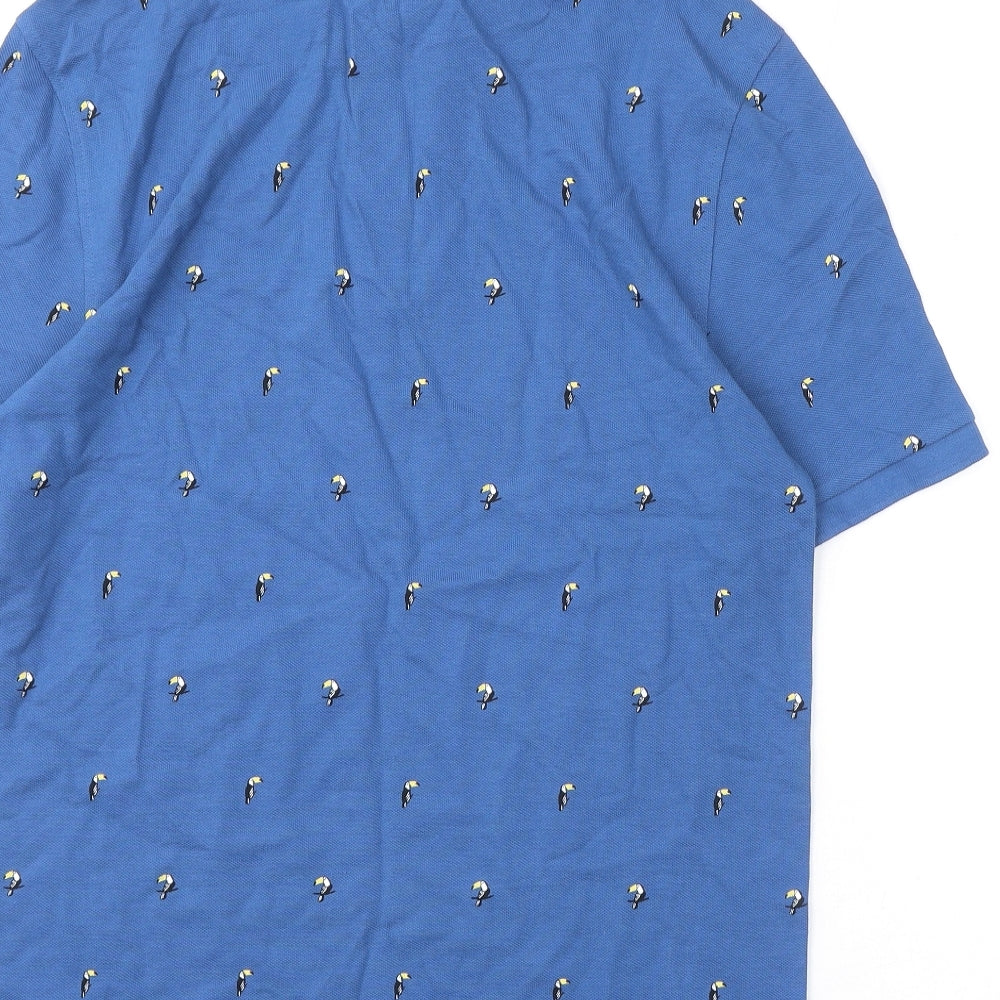 Marks and Spencer Mens Blue Geometric 100% Cotton Polo Size S Collared Button - Toucans