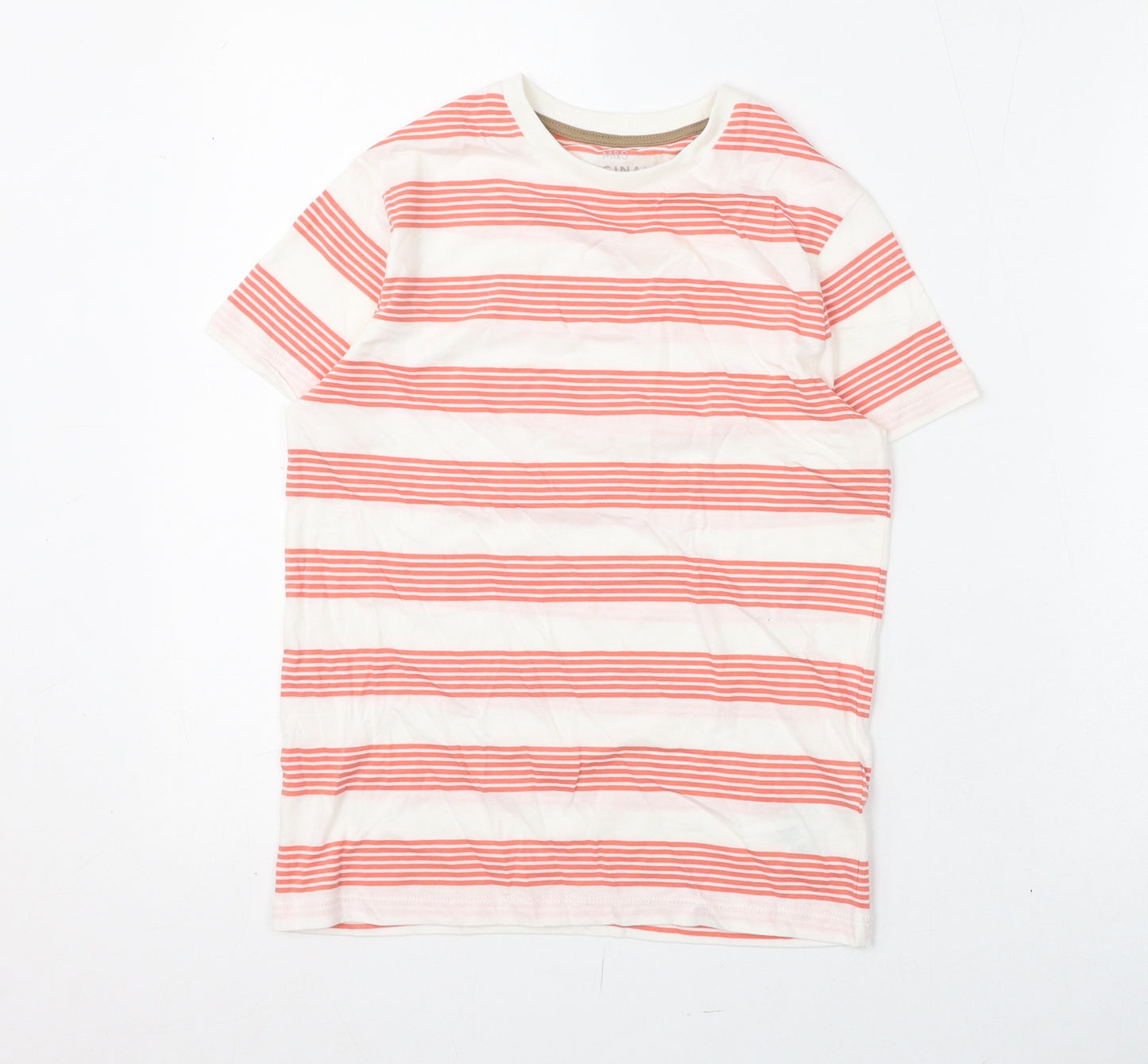 Marks and Spencer Boys White Striped Cotton Basic T-Shirt Size 9-10 Years Round Neck Pullover