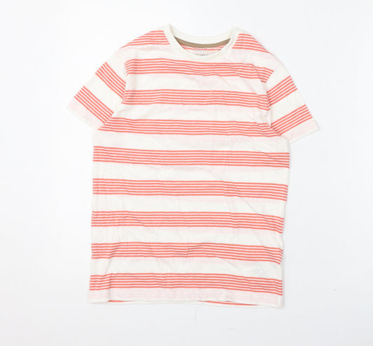 Marks and Spencer Boys White Striped Cotton Basic T-Shirt Size 9-10 Years Round Neck Pullover