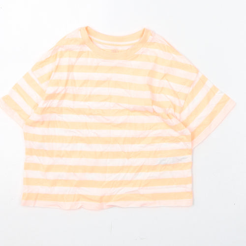 Marks and Spencer Girls Orange Striped Cotton Basic T-Shirt Size 7-8 Years Round Neck Pullover