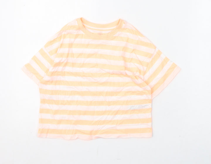 Marks and Spencer Girls Orange Striped Cotton Basic T-Shirt Size 7-8 Years Round Neck Pullover