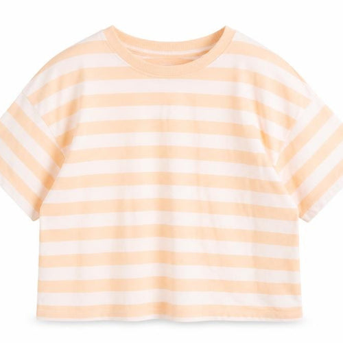 Marks and Spencer Girls Orange Striped Cotton Basic T-Shirt Size 7-8 Years Round Neck Pullover