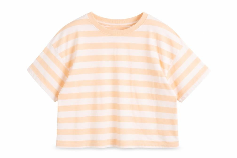 Marks and Spencer Girls Orange Striped Cotton Basic T-Shirt Size 7-8 Years Round Neck Pullover