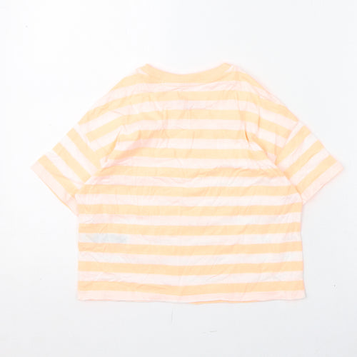 Marks and Spencer Girls Orange Striped Cotton Basic T-Shirt Size 7-8 Years Round Neck Pullover