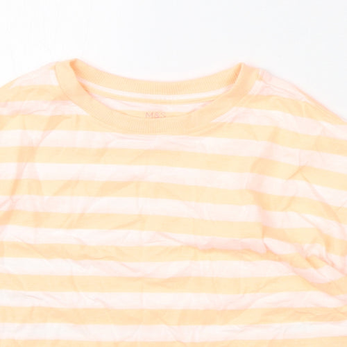 Marks and Spencer Girls Orange Striped Cotton Basic T-Shirt Size 7-8 Years Round Neck Pullover