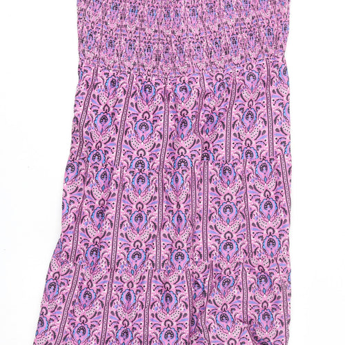 Marks and Spencer Womens Purple Geometric 100% Cotton A-Line Size 18 Square Neck Pullover - Embroidery, Shirred