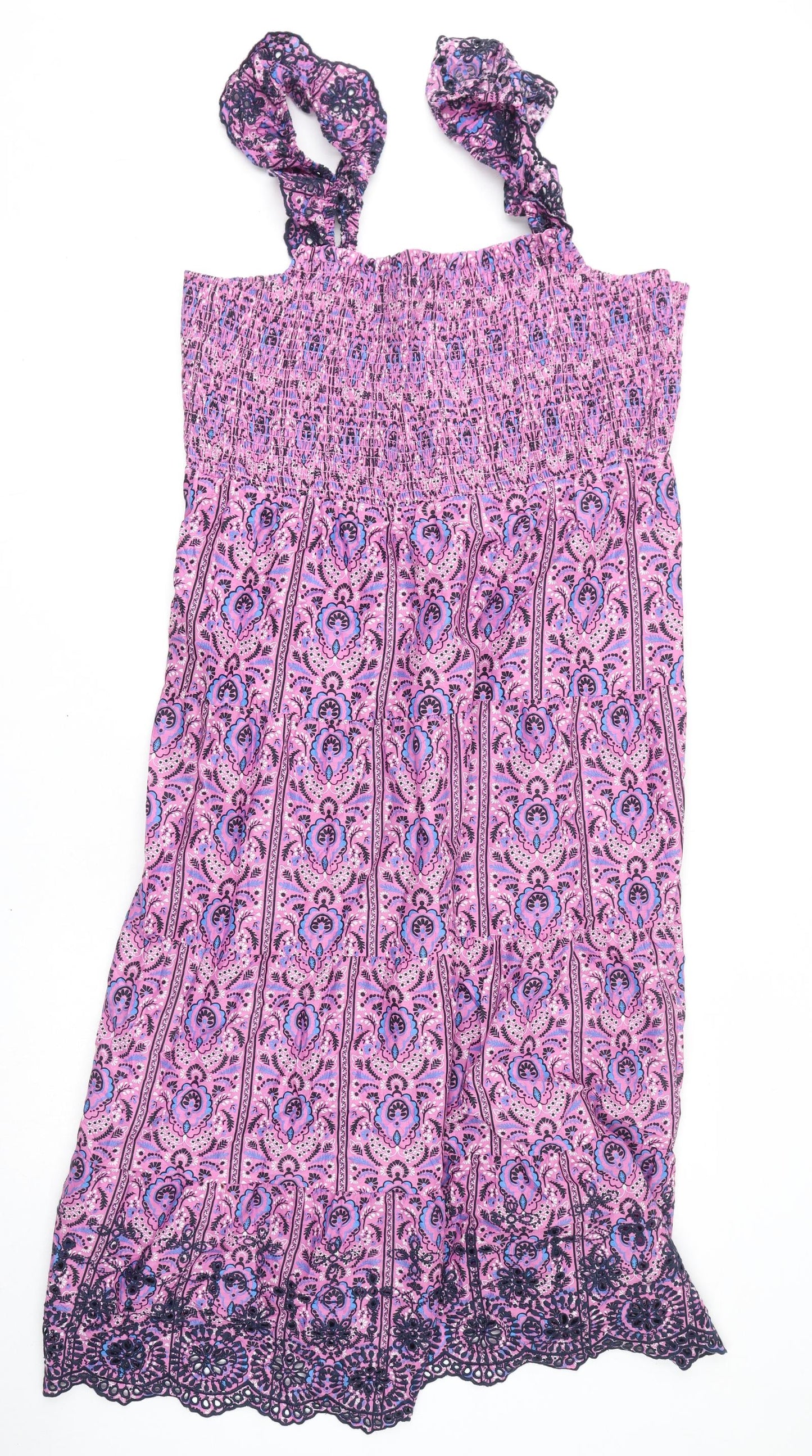 Marks and Spencer Womens Purple Geometric 100% Cotton A-Line Size 18 Square Neck Pullover - Embroidery, Shirred