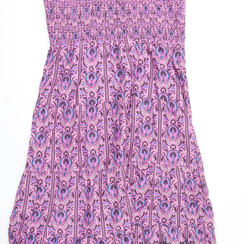 Marks and Spencer Womens Purple Geometric 100% Cotton A-Line Size 18 Square Neck Pullover - Embroidery, Shirred