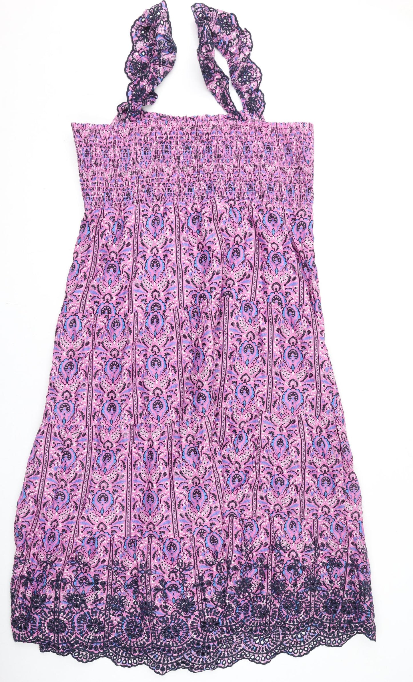 Marks and Spencer Womens Purple Geometric 100% Cotton A-Line Size 18 Square Neck Pullover - Embroidery, Shirred