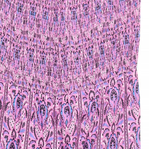 Marks and Spencer Womens Purple Geometric 100% Cotton A-Line Size 18 Square Neck Pullover - Embroidery, Shirred