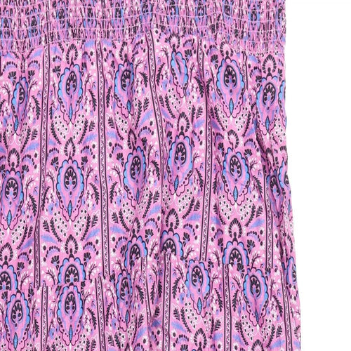 Marks and Spencer Womens Purple Geometric 100% Cotton A-Line Size 18 Square Neck Pullover - Embroidery, Shirred