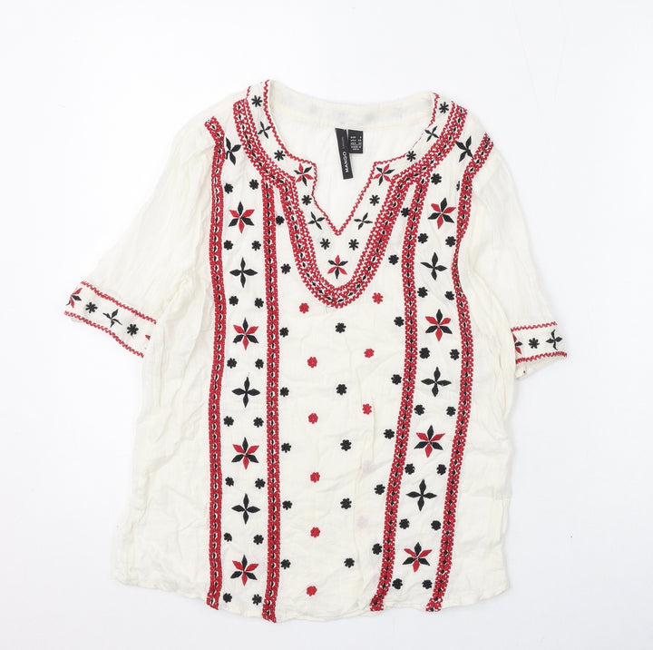 Marks and Spencer Womens Ivory Geometric Polyester Basic Blouse Size XS V-Neck - Embroidery